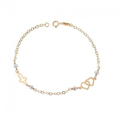 9K Gold bracelet with double heart and cross