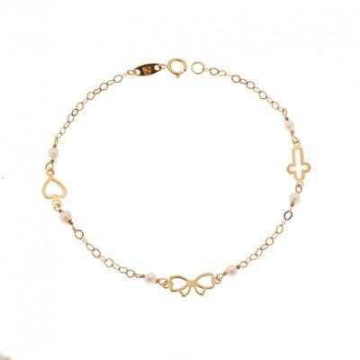 9K Gold bracelet with heart, cross and bow