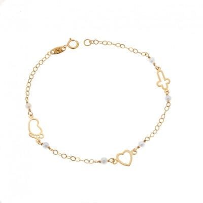 9K gold bracelet with heart, cross and tread