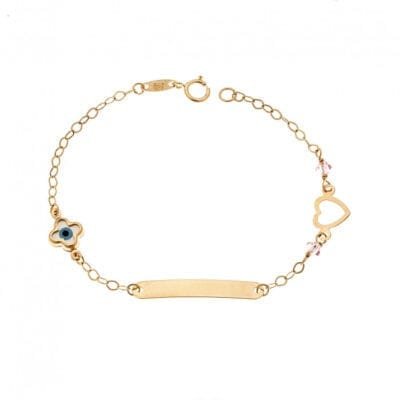 9K Gold Identity bracelet with heart, cross and eye with mother of pearl