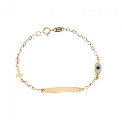 9K Gold Identity bracelet with cross and eye with mother of pearl