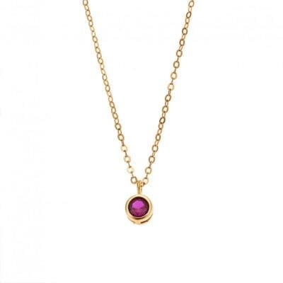 Yellow gold plated sterling silver necklace, solitaire with fuchsia cubic zirconia