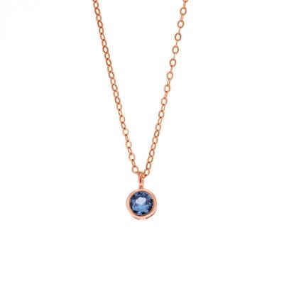 Rose gold plated sterling silver necklace, solitaire with blue cubic zirconia