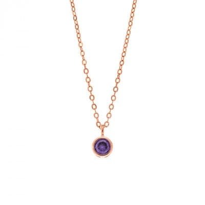 Rose gold plated sterling silver necklace, solitaire with purple cubic zirconia