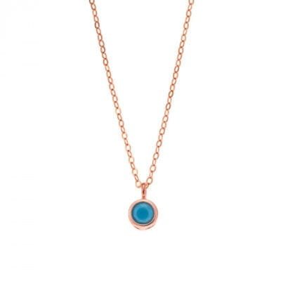 Rose gold plated sterling silver necklace, solitaire with turquoise cubic zirconia