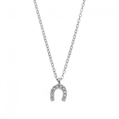 Sterling silver necklace, horseshoe necklace with white cubic zirconia