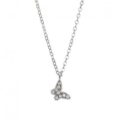 Sterling silver necklace, butterfly with white cubic zirconia