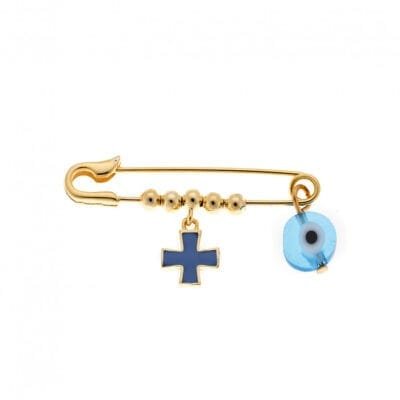 Παραμάνα κίτρινο επιχρυσωμένο ασήμι 925 με μπλε σταυρό και γαλάζιο ματάκι