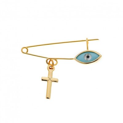 Παραμάνα κίτρινο επιχρυσωμένο ασήμι 925 με σταυρό και γαλάζιο ματάκι