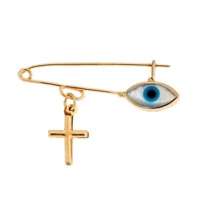 Yellow gold plated silver safety pin 925 with cross and white eye