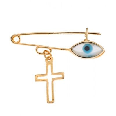 Yellow gold plated silver safety pin 925 with cross and white eye