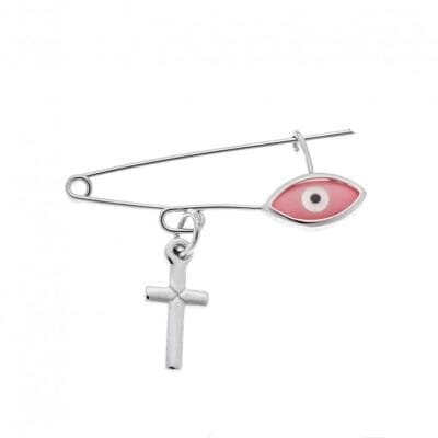 Παραμάνα ασήμι 925 με σταυρό και ροζ ματάκι