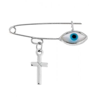 Silver safety pin 925 with cross and white eye