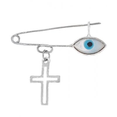 Silver safety pin 925 with cross and white eye