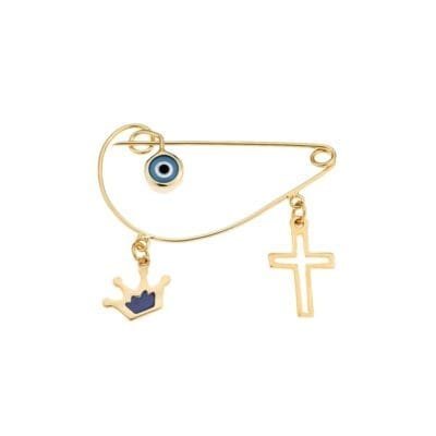 Παραμάνα κίτρινο επιχρυσωμένο ασήμι 925, ματάκι, σταυρός και κορώνα με μπλε σμάλτο
