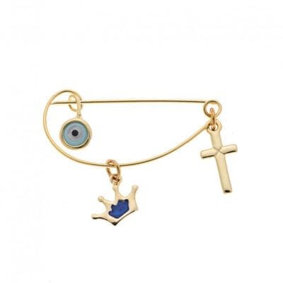 Παραμάνα κίτρινο επιχρυσωμένο ασήμι 925, γαλάζιο ματάκι, σταυρός και κορώνα με μπλε σμάλτο