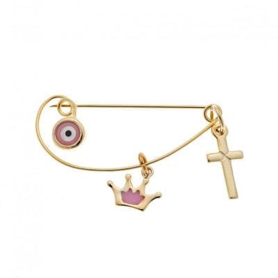 Παραμάνα κίτρινο επιχρυσωμένο ασήμι 925, ματάκι, σταυρός και κορώνα με ροζ σμάλτο