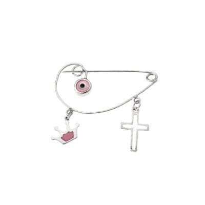 Παραμάνα ασήμι 925, αγγελάκι, σταυρός και ματάκι με ροζ σμάλτο