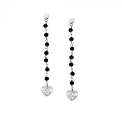Σκουλαρίκια Ασήμι 925°  Κρεμαστά με μαύρες πετρούλες και καρδούλα
