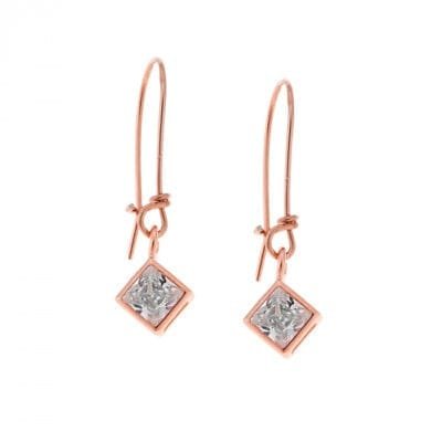 Σκουλαρίκια  Ασήμι 925° Κρεμαστά Rose Gold με τετράγωνο ζιργκόν