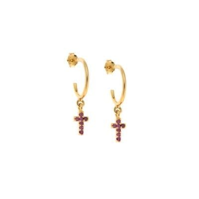 Gold plated sterling silver earrings, cross with fuchsia cubic zirconia