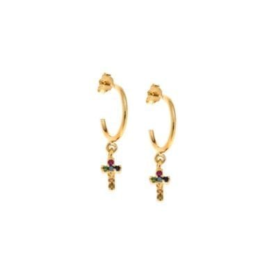 Gold plated sterling silver earrings, cross with multicoloured cubic zirconia