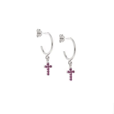Hoop earrings silver 925, cross with fuchsia cubic zirconia
