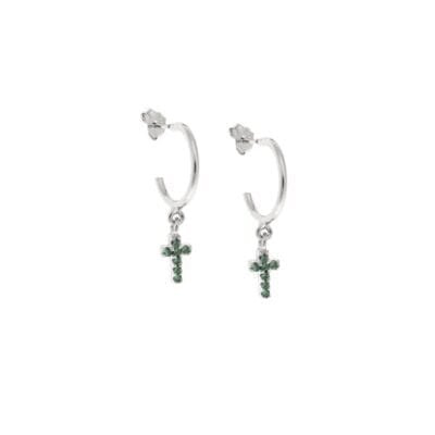 Sterling silver hoop earrings, cross with green cubic zirconia