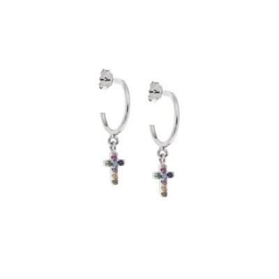 Sterling silver hoop earrings, cross with multicolored cubic zirconia