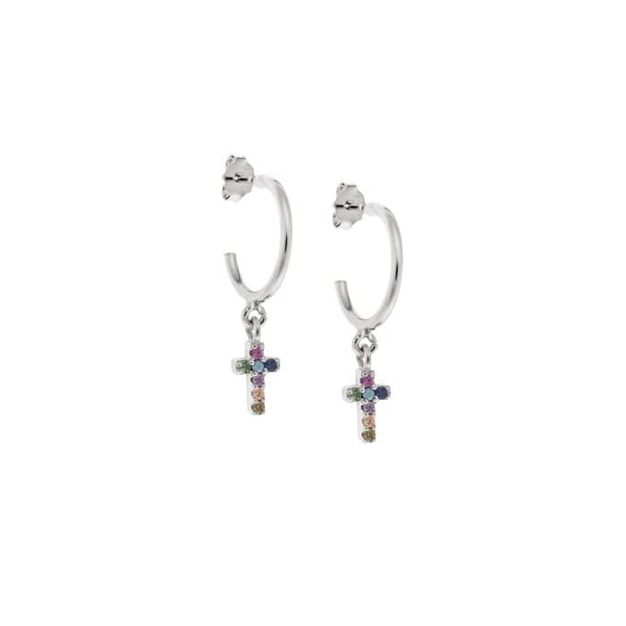 Sterling silver hoop earrings, cross with multicolored cubic zirconia