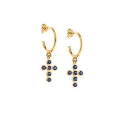 Gold plated sterling silver earrings, cross with blue cubic zirconia