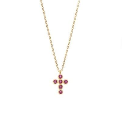 Silver pendant 925, gold plated cross with fuchsia cubic zirconia