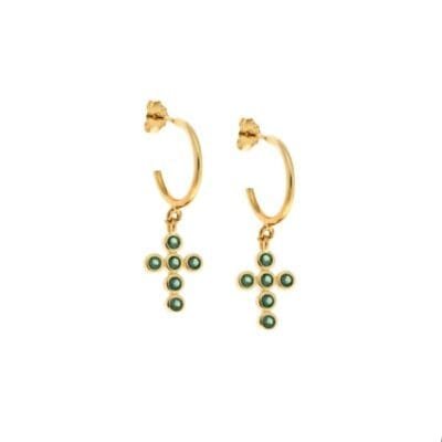 Gold plated sterling silver earrings, cross with green cubic zirconia