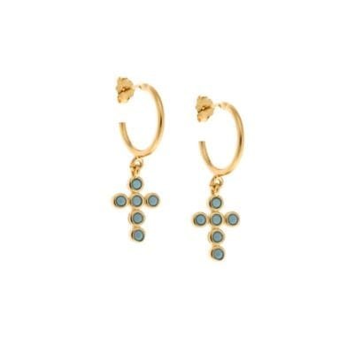 Gold plated sterling silver earrings, cross with turquoise cubic zirconia