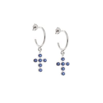 Sterling silver hoop earrings, cross with blue cubic zirconia