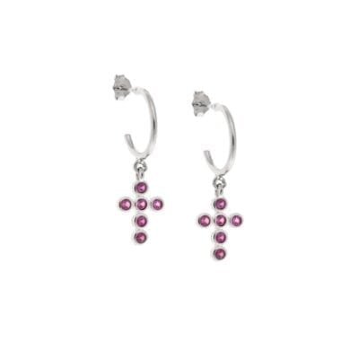 Hoop earrings silver 925, cross with fuchsia cubic zirconia