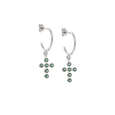 Sterling silver hoop earrings, cross with green cubic zirconia