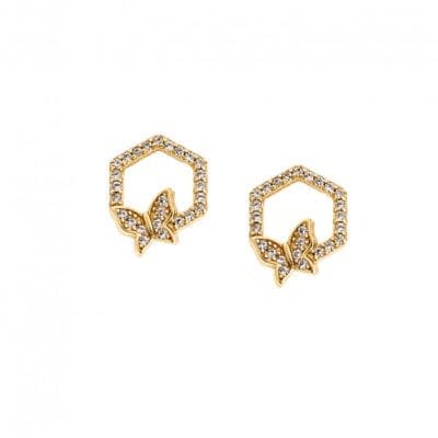 Earrings Silver 925° Polygon stud with butterfly and white zircon