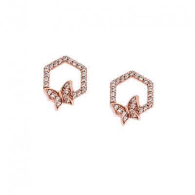 Women's pink gold plated silver earrings 925, polygon with butterfly and white cubic zirconia