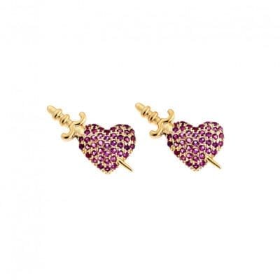 Women's gold plated silver earrings 925, heart with sword and fuchsia stones
