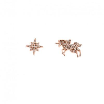 Women's pink gold plated silver earrings 925, unicorn with white cubic zirconia