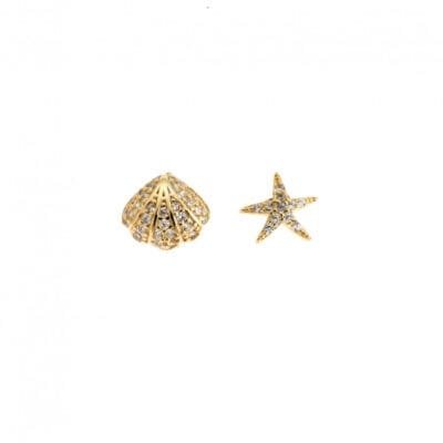 Earrings Silver 925° Starfish stud with shell and white zircon