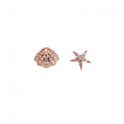 Women's pink gold plated silver earrings 925, starfish with shell and white cubic zirconia