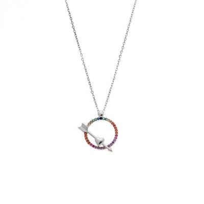 Women's necklace silver 925, circle with multicolored stones and arrow