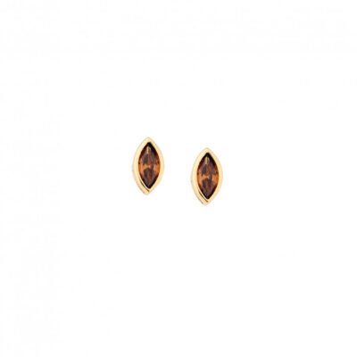 Yellow gold plated silver earrings 925, leaf with brown cubic zirconia