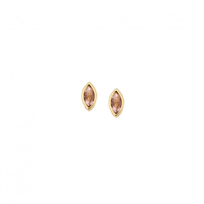 Yellow gold plated silver earrings 925, leaf with pink cubic zirconia