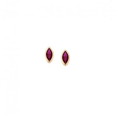 Yellow gold plated sterling silver earrings, leaf with fuchsia cubic zirconia