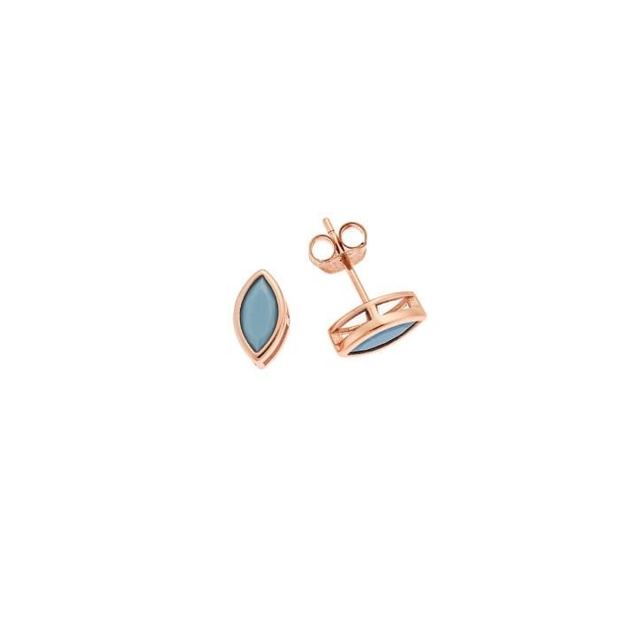 Rose gold plated sterling silver earrings, leaf with turquoise cubic zirconia