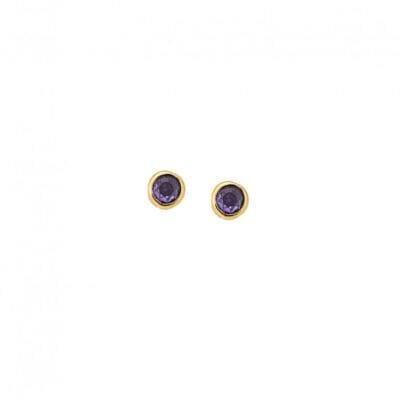 Yellow gold plated sterling silver earrings, solitaire with purple cubic zirconia