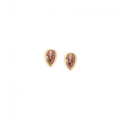 Yellow gold plated sterling silver earrings, teardrop with pink cubic zirconia